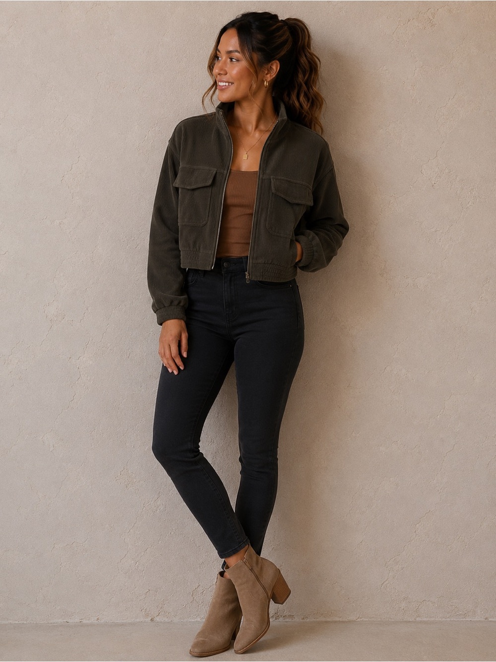 Aerie Cropped Zip Up Ribbed Shacket Size Small Olive Green Jacket Top Like New